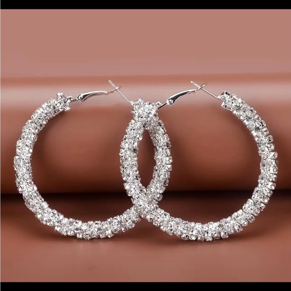 Large Full Rhinestone Hoop Earrings Silver Plated Delicate Jewelry Party Holiday - Picture 3 of 6